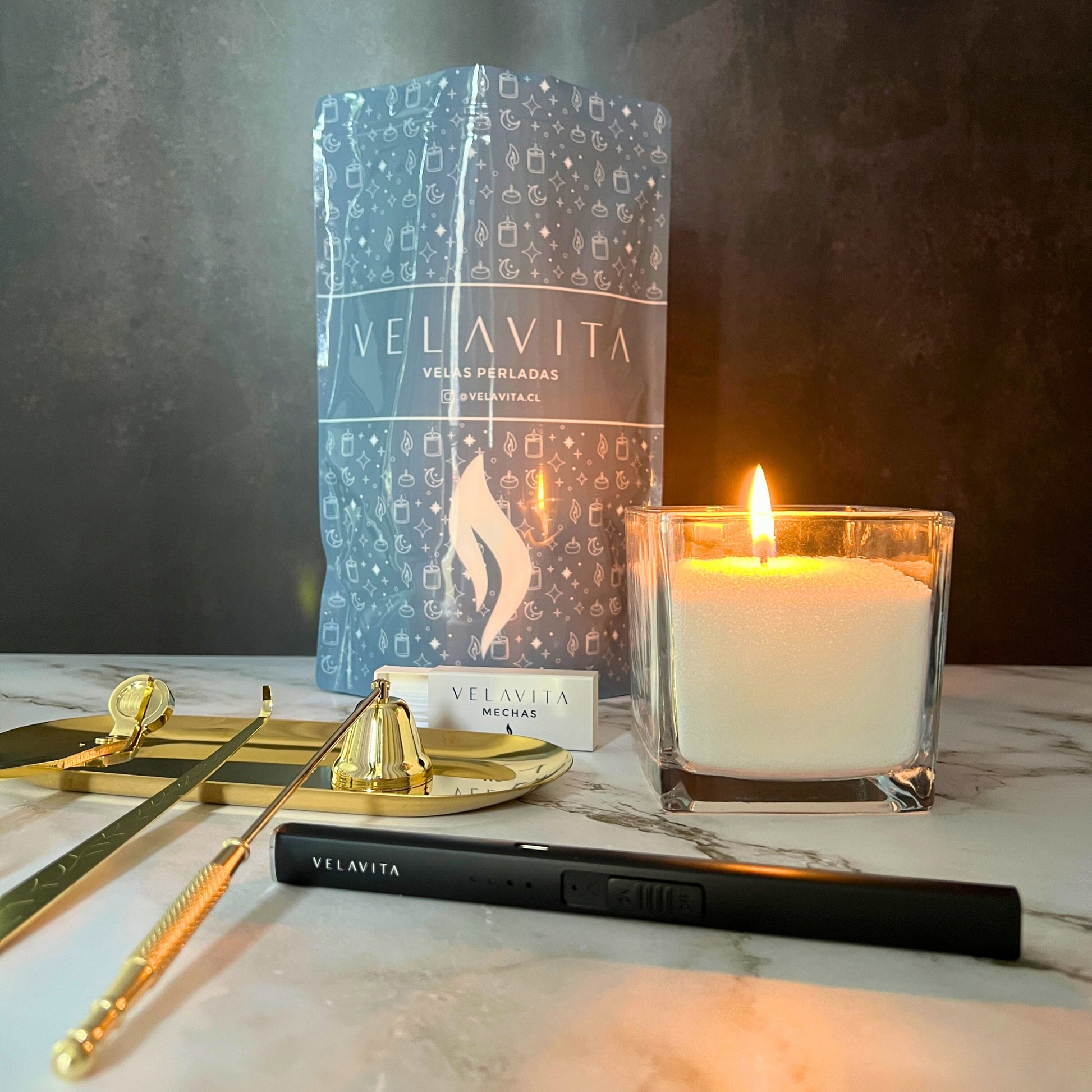 Kit Deluxe - Velas 1 Kg AROMAS + Encendedor + Set Accesorios + Recipiente