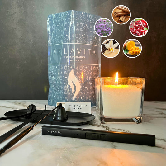 Kit Deluxe - Velas 1 Kg AROMAS + Encendedor + Set Accesorios + Recipiente