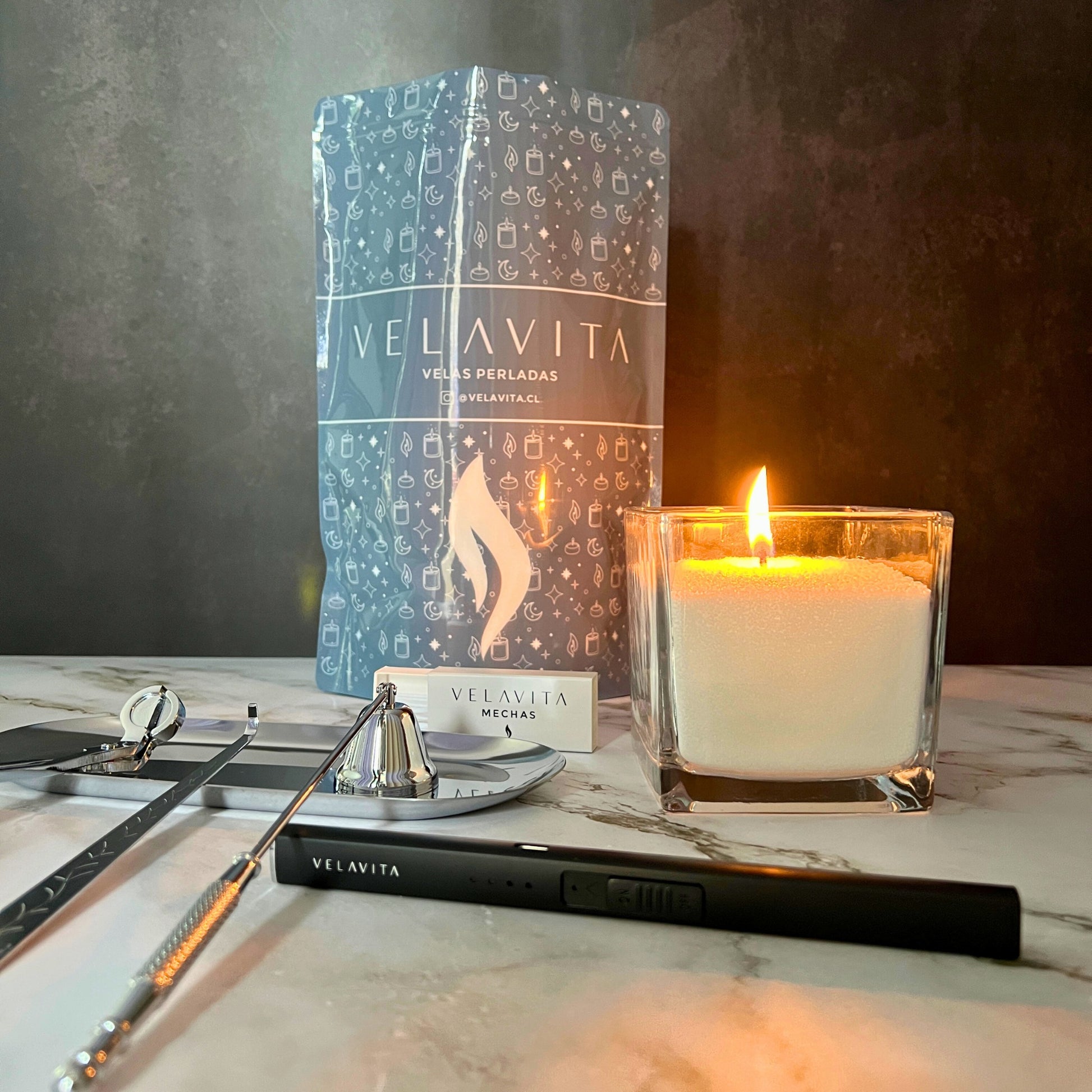 Kit Deluxe - Velas 1 Kg AROMAS + Encendedor + Set Accesorios + Recipiente