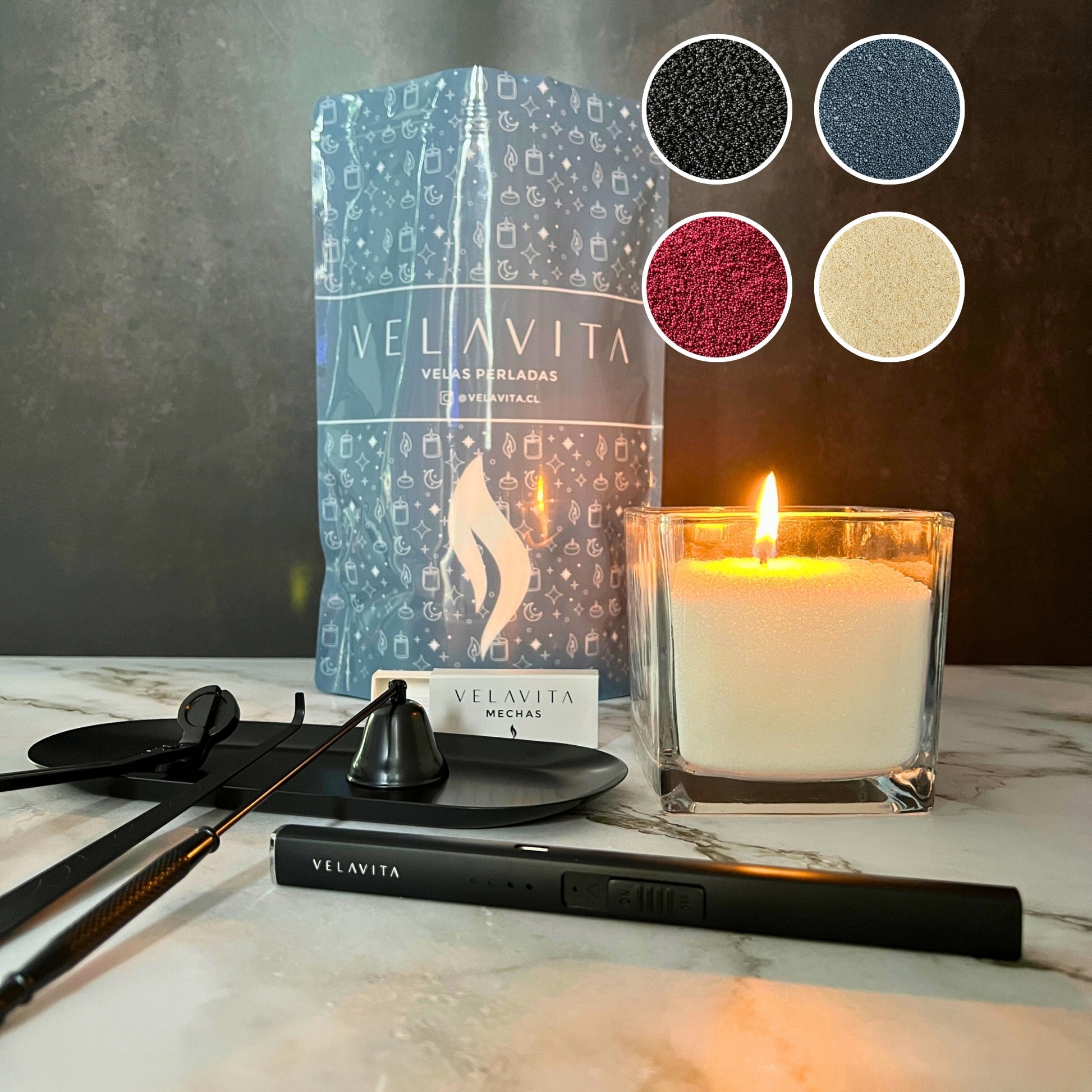 Kit Deluxe - Velas 1 Kg COLORES + Encendedor + Set Accesorios + Recipiente