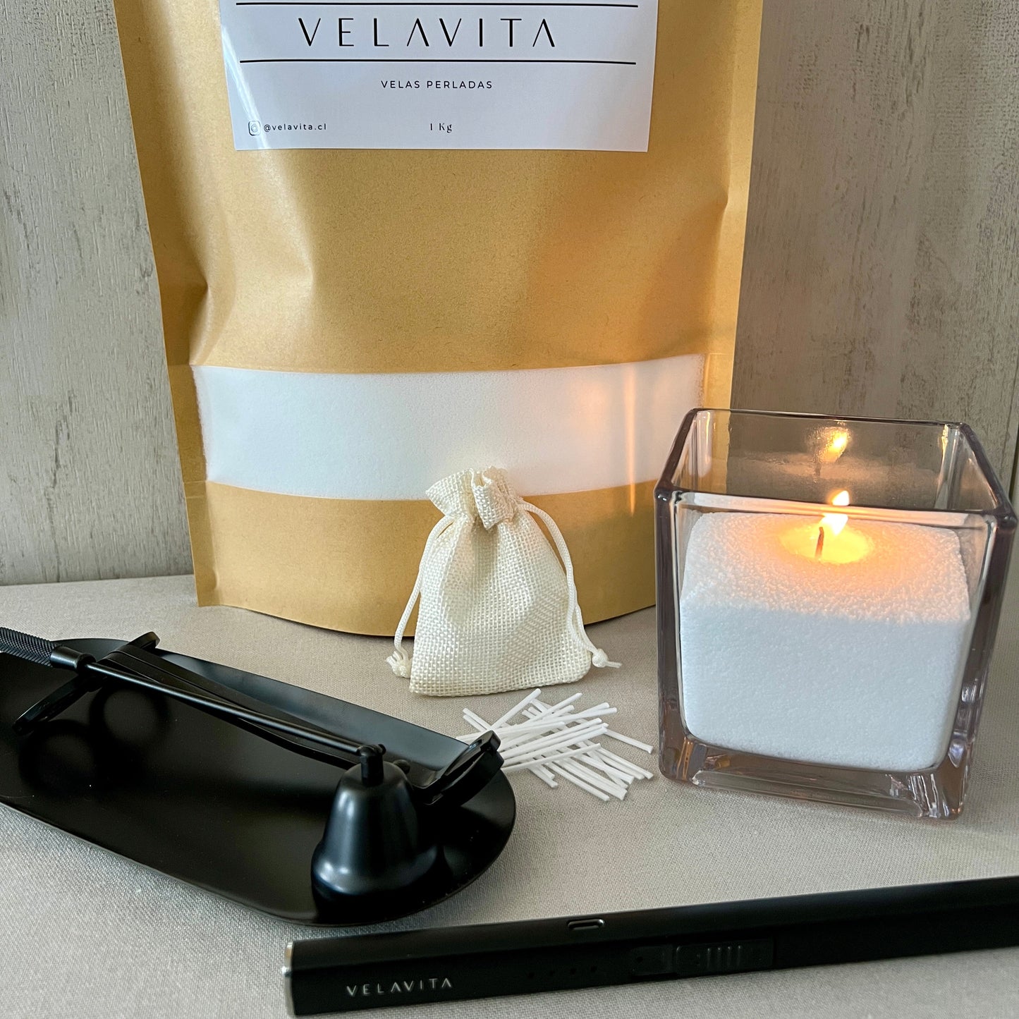 Kit Deluxe - Velas 1 Kg + Encendedor + Set Accesorios + Recipiente